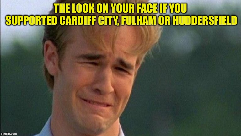 Relegated! | THE LOOK ON YOUR FACE IF YOU SUPPORTED CARDIFF CITY, FULHAM OR HUDDERSFIELD | image tagged in crying dawson | made w/ Imgflip meme maker