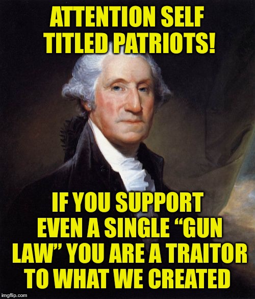 George Washington | ATTENTION SELF TITLED PATRIOTS! IF YOU SUPPORT EVEN A SINGLE “GUN LAW” YOU ARE A TRAITOR TO WHAT WE CREATED | image tagged in memes,george washington | made w/ Imgflip meme maker