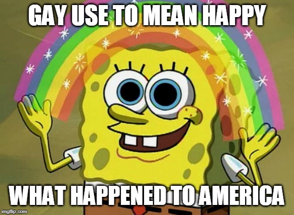 Imagination Spongebob Meme | GAY USE TO MEAN HAPPY; WHAT HAPPENED TO AMERICA | image tagged in memes,imagination spongebob | made w/ Imgflip meme maker