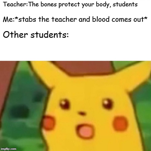 Surprised Pikachu | Teacher:The bones protect your body, students; Me:*stabs the teacher and blood comes out*; Other students: | image tagged in memes,surprised pikachu | made w/ Imgflip meme maker