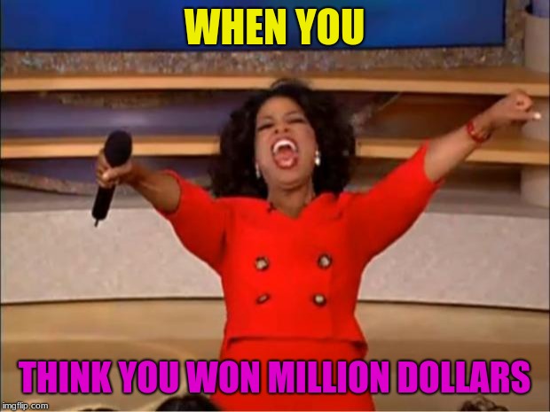 Oprah You Get A | WHEN YOU; THINK YOU WON MILLION DOLLARS | image tagged in memes,oprah you get a | made w/ Imgflip meme maker