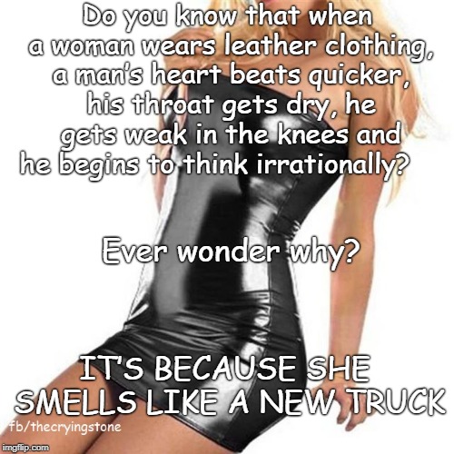 Do you know that when a woman wears leather clothing, a man’s heart beats quicker, his throat gets dry, he gets weak in the knees and he begins to think irrationally? Ever wonder why? IT’S BECAUSE SHE SMELLS LIKE A NEW TRUCK | image tagged in leather | made w/ Imgflip meme maker