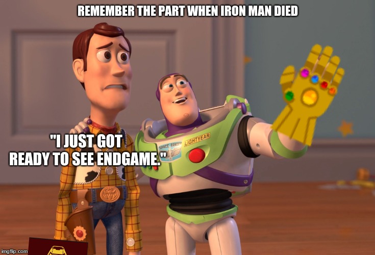 X, X Everywhere | REMEMBER THE PART WHEN IRON MAN DIED; "I JUST GOT READY TO SEE ENDGAME." | image tagged in memes,x x everywhere | made w/ Imgflip meme maker