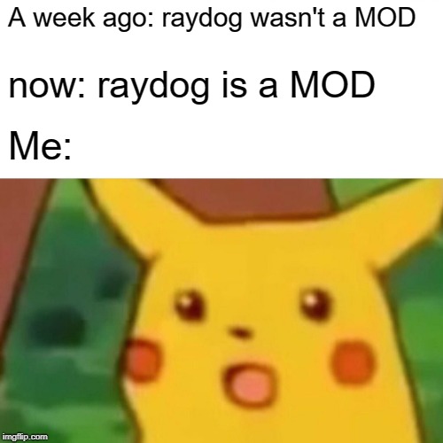 Surprised Pikachu Meme | A week ago: raydog wasn't a MOD now: raydog is a MOD Me: | image tagged in memes,surprised pikachu | made w/ Imgflip meme maker