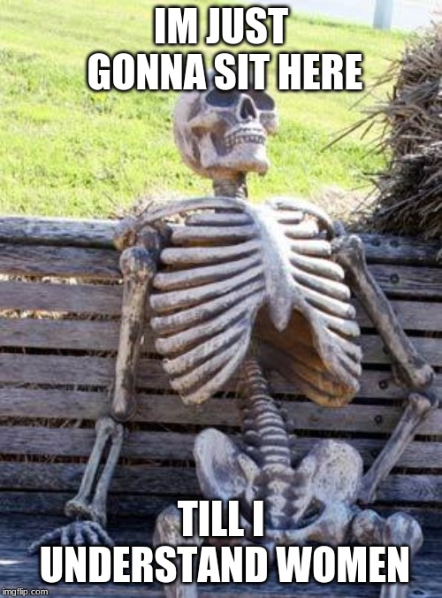 Waiting Skeleton | IM JUST GONNA SIT HERE; TILL I UNDERSTAND WOMEN | image tagged in memes,waiting skeleton | made w/ Imgflip meme maker