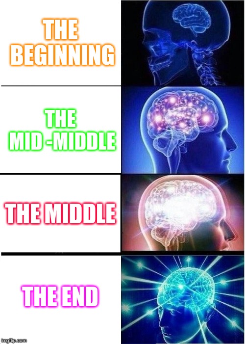 Expanding Brain Meme | THE BEGINNING; THE MID -MIDDLE; THE MIDDLE; THE END | image tagged in memes,expanding brain | made w/ Imgflip meme maker