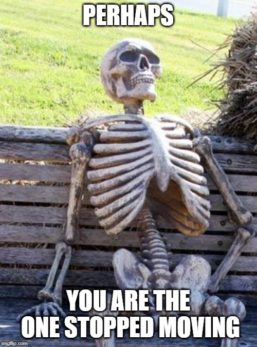 Waiting Skeleton Meme | PERHAPS YOU ARE THE ONE STOPPED MOVING | image tagged in memes,waiting skeleton | made w/ Imgflip meme maker
