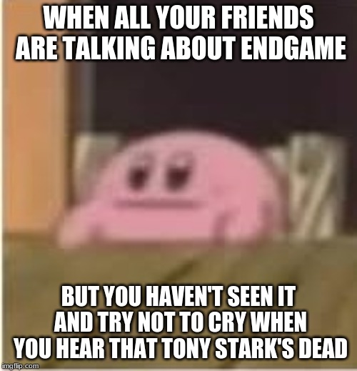 Kirby | WHEN ALL YOUR FRIENDS ARE TALKING ABOUT ENDGAME; BUT YOU HAVEN'T SEEN IT AND TRY NOT TO CRY WHEN YOU HEAR THAT TONY STARK'S DEAD | image tagged in kirby | made w/ Imgflip meme maker