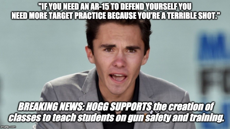 "IF YOU NEED AN AR-15 TO DEFEND YOURSELF YOU NEED MORE TARGET PRACTICE BECAUSE YOU’RE A TERRIBLE SHOT."; BREAKING NEWS: HOGG SUPPORTS the creation of classes to teach students on gun safety and training. | made w/ Imgflip meme maker