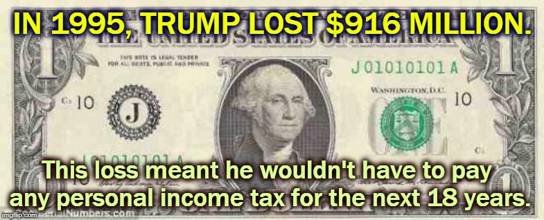 From 1985-1994, Donald Trump lost money every single year. Not one profitable year. I'd try to keep that secret, too. | IN 1995, TRUMP LOST $916 MILLION. This loss meant he wouldn't have to pay any personal income tax for the next 18 years. | image tagged in dollar,trump,tax returns,hide | made w/ Imgflip meme maker