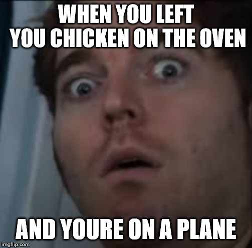 Shane Dawson on Xanax | WHEN YOU LEFT YOU CHICKEN ON THE OVEN; AND YOURE ON A PLANE | image tagged in shane dawson on xanax | made w/ Imgflip meme maker