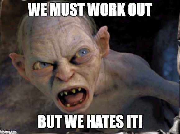Gollum lord of the rings | WE MUST WORK OUT; BUT WE HATES IT! | image tagged in gollum lord of the rings | made w/ Imgflip meme maker