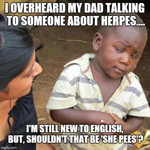 The importance of grammar | I OVERHEARD MY DAD TALKING TO SOMEONE ABOUT HERPES.... I'M STILL NEW TO ENGLISH, BUT, SHOULDN'T THAT BE 'SHE PEES'? | image tagged in memes,third world skeptical kid,pee,disease,grammar,dad joke | made w/ Imgflip meme maker