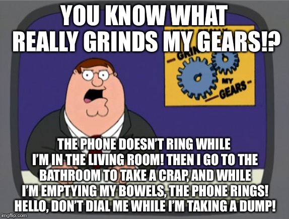 Butt dial - I cannot answer the phone while crapping | YOU KNOW WHAT REALLY GRINDS MY GEARS!? THE PHONE DOESN’T RING WHILE I’M IN THE LIVING ROOM! THEN I GO TO THE BATHROOM TO TAKE A CRAP, AND WHILE I’M EMPTYING MY BOWELS, THE PHONE RINGS! HELLO, DON’T DIAL ME WHILE I’M TAKING A DUMP! | image tagged in memes,peter griffin news,crap,toilet humor,phone call,bathroom | made w/ Imgflip meme maker