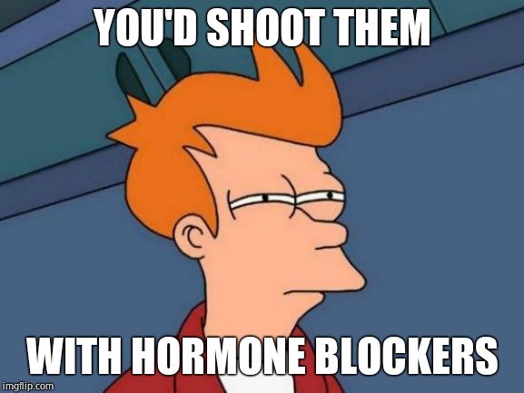 Futurama Fry Meme | YOU'D SHOOT THEM WITH HORMONE BLOCKERS | image tagged in memes,futurama fry | made w/ Imgflip meme maker