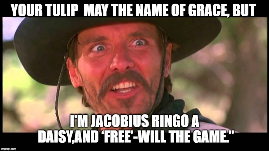 Johnny Ringo | YOUR TULIP  MAY THE NAME OF GRACE, BUT; I'M JACOBIUS RINGO A DAISY,AND ‘FREE’-WILL THE GAME.” | image tagged in johnny ringo | made w/ Imgflip meme maker