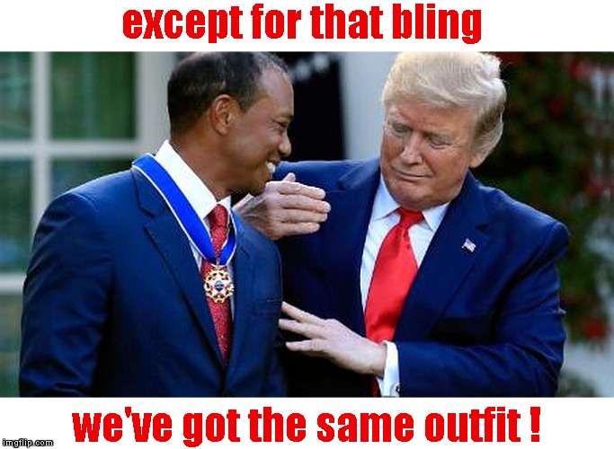 Honoring Tiger Woods | except for that bling; we've got the same outfit ! | image tagged in memes,tiger woods,medal of freedom | made w/ Imgflip meme maker