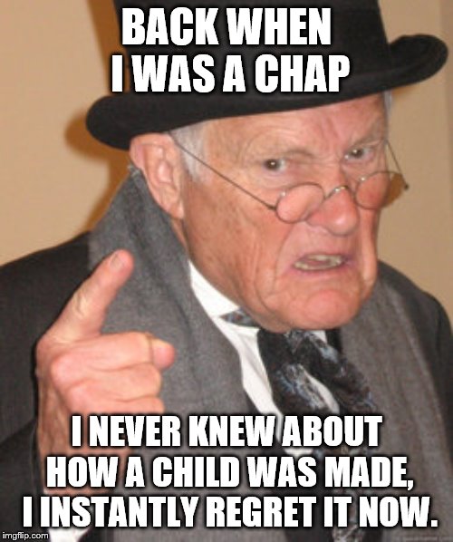 Back In My Day | BACK WHEN I WAS A CHAP; I NEVER KNEW ABOUT HOW A CHILD WAS MADE, I INSTANTLY REGRET IT NOW. | image tagged in memes,back in my day | made w/ Imgflip meme maker