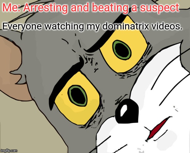 Unsettled Tom Meme | Me: Arresting and beating a suspect; Everyone watching my dominatrix videos. | image tagged in memes,unsettled tom | made w/ Imgflip meme maker