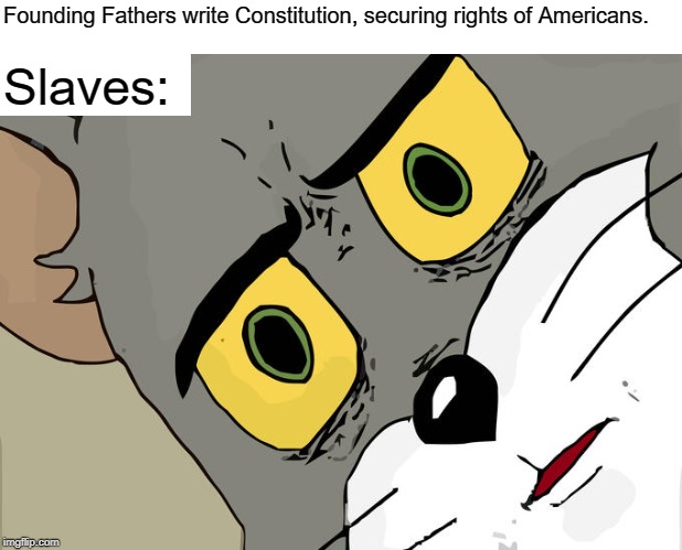 Unsettle Thomas | Founding Fathers write Constitution, securing rights of Americans. Slaves: | image tagged in memes,unsettled tom | made w/ Imgflip meme maker