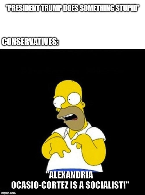 *PRESIDENT TRUMP DOES SOMETHING STUPID*; CONSERVATIVES:; "ALEXANDRIA OCASIO-CORTEZ IS A SOCIALIST!" | image tagged in homer simpson retarded | made w/ Imgflip meme maker