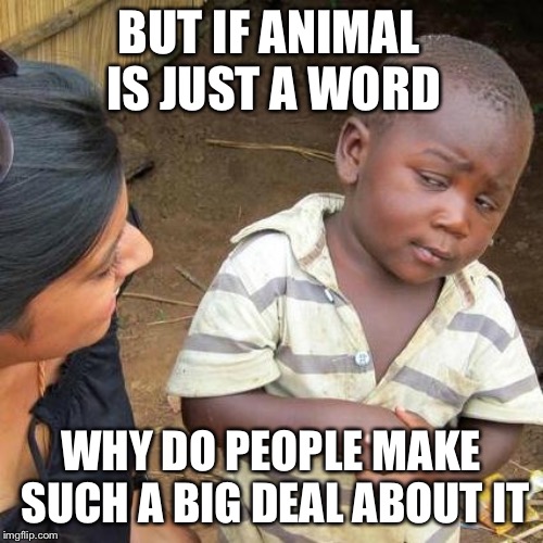 Third World Skeptical Kid | BUT IF ANIMAL IS JUST A WORD; WHY DO PEOPLE MAKE SUCH A BIG DEAL ABOUT IT | image tagged in memes,third world skeptical kid | made w/ Imgflip meme maker