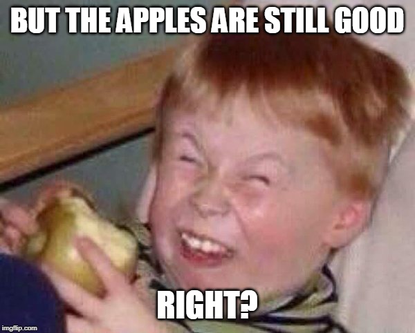 Apple eating kid | BUT THE APPLES ARE STILL GOOD RIGHT? | image tagged in apple eating kid | made w/ Imgflip meme maker