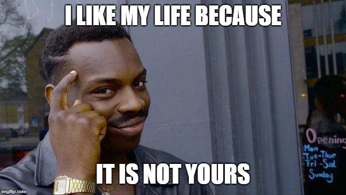 Roll Safe Think About It | I LIKE MY LIFE BECAUSE; IT IS NOT YOURS | image tagged in memes,roll safe think about it | made w/ Imgflip meme maker