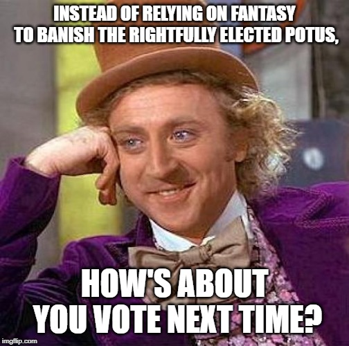 Creepy Condescending Wonka Meme | INSTEAD OF RELYING ON FANTASY TO BANISH THE RIGHTFULLY ELECTED POTUS, HOW'S ABOUT YOU VOTE NEXT TIME? | image tagged in memes,creepy condescending wonka | made w/ Imgflip meme maker