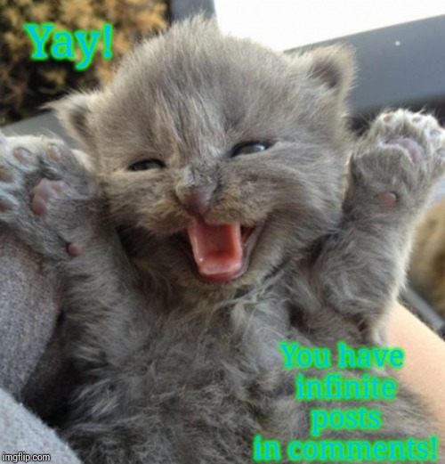 Excited kitten | Yay! You have infinite posts in comments! | image tagged in excited kitten | made w/ Imgflip meme maker