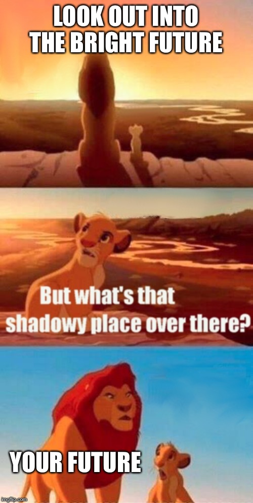 Simba Shadowy Place | LOOK OUT INTO THE BRIGHT FUTURE; YOUR FUTURE | image tagged in memes,simba shadowy place | made w/ Imgflip meme maker