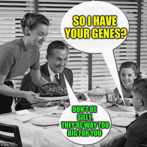 Vintage Family Dinner | SO I HAVE YOUR GENES? DON'T BE SILLY, THEY'RE WAY TOO BIG FOR YOU | image tagged in vintage family dinner | made w/ Imgflip meme maker