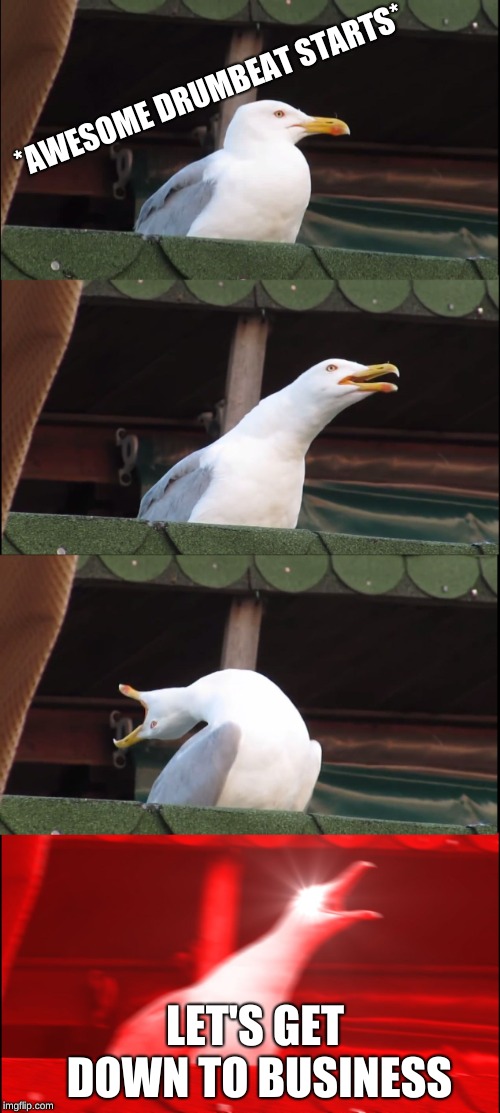 Inhaling Seagull | *AWESOME DRUMBEAT STARTS*; LET'S GET DOWN TO BUSINESS | image tagged in memes,inhaling seagull | made w/ Imgflip meme maker