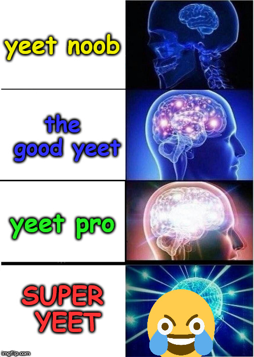 Expanding Brain Meme | yeet noob; the good yeet; yeet pro; SUPER YEET | image tagged in memes,expanding brain | made w/ Imgflip meme maker