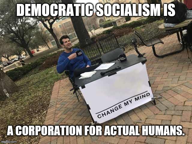 Prove me wrong | DEMOCRATIC SOCIALISM IS; A CORPORATION FOR ACTUAL HUMANS. | image tagged in prove me wrong | made w/ Imgflip meme maker