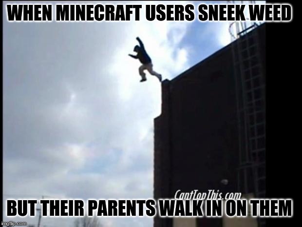 SUICIDE JUMP MAN | WHEN MINECRAFT USERS SNEEK WEED; BUT THEIR PARENTS WALK IN ON THEM | image tagged in suicide jump man | made w/ Imgflip meme maker