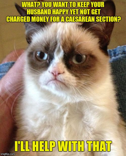 Grumpy Cat | WHAT? YOU WANT TO KEEP YOUR HUSBAND HAPPY YET NOT GET CHARGED MONEY FOR A CAESAREAN SECTION? I'LL HELP WITH THAT | image tagged in memes,grumpy cat | made w/ Imgflip meme maker