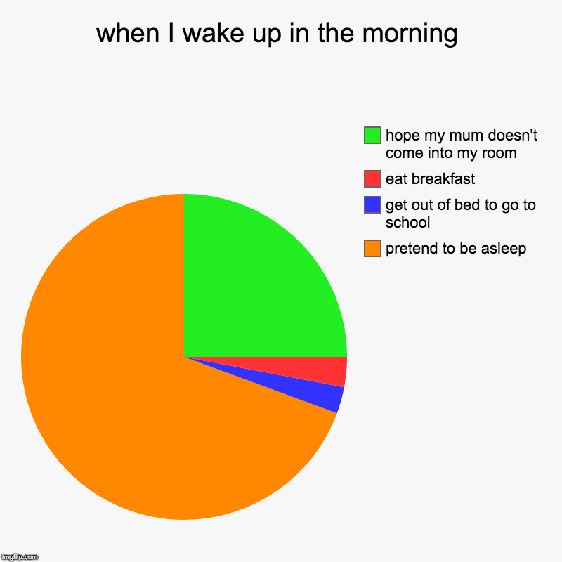 when I wake up in the morning | pretend to be asleep, get out of bed to go to school, eat breakfast, hope my mum doesn't come into my room | image tagged in charts,pie charts | made w/ Imgflip chart maker