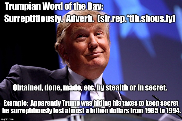 fake news donald trump | Trumpian Word of the Day:; Surreptitiously.  Adverb.  (sir.rep.*tih.shous.ly); Obtained, done, made, etc. by stealth or in secret. Example:  Apparently Trump was hiding his taxes to keep secret he surreptitiously lost almost a billion dollars from 1985 to 1994. | image tagged in fake news donald trump | made w/ Imgflip meme maker
