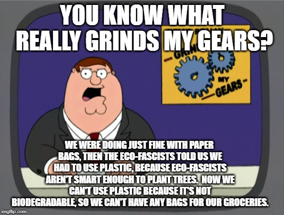 Peter Griffin News | YOU KNOW WHAT REALLY GRINDS MY GEARS? WE WERE DOING JUST FINE WITH PAPER BAGS, THEN THE ECO-FASCISTS TOLD US WE HAD TO USE PLASTIC, BECAUSE ECO-FASCISTS AREN'T SMART ENOUGH TO PLANT TREES.  NOW WE CAN'T USE PLASTIC BECAUSE IT'S NOT BIODEGRADABLE, SO WE CAN'T HAVE ANY BAGS FOR OUR GROCERIES. | image tagged in memes,peter griffin news | made w/ Imgflip meme maker