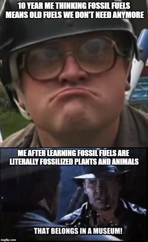 Fossil fuels in a nutshell | 10 YEAR ME THINKING FOSSIL FUELS MEANS OLD FUELS WE DON'T NEED ANYMORE; ME AFTER LEARNING FOSSIL FUELS ARE LITERALLY FOSSILIZED PLANTS AND ANIMALS | image tagged in makes sense,it belongs in a museum,indiana jones,fossil fuel,global warming | made w/ Imgflip meme maker
