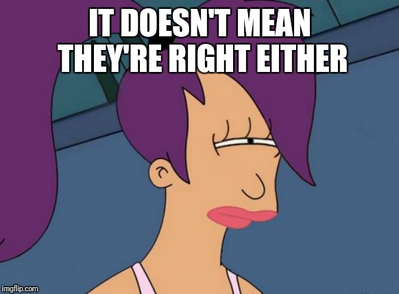 Futurama Leela Meme | IT DOESN'T MEAN THEY'RE RIGHT EITHER | image tagged in memes,futurama leela | made w/ Imgflip meme maker