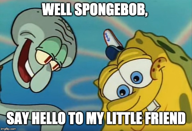 Squidward and Spongebob | WELL SPONGEBOB, SAY HELLO TO MY LITTLE FRIEND | image tagged in squidward and spongebob | made w/ Imgflip meme maker