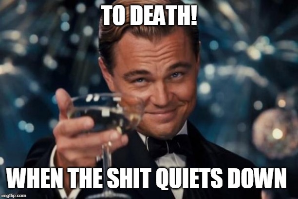 Leonardo Dicaprio Cheers | TO DEATH! WHEN THE SHIT QUIETS DOWN | image tagged in memes,leonardo dicaprio cheers | made w/ Imgflip meme maker