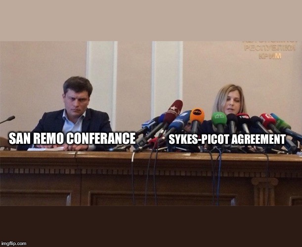 Man and woman microphone | SAN REMO CONFERANCE; SYKES-PICOT AGREEMENT | image tagged in man and woman microphone | made w/ Imgflip meme maker