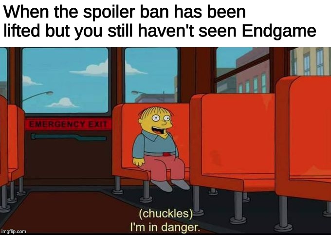 Anyone else or just me? | When the spoiler ban has been lifted but you still haven't seen Endgame | image tagged in im in danger | made w/ Imgflip meme maker