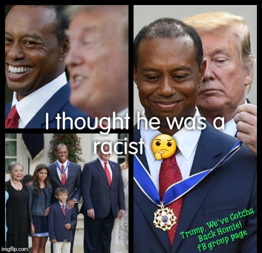 I Thought Donald Trump Was Racist | image tagged in presidential medal of freedom,tiger woods,golf,make america great again,maga,election 2020 | made w/ Imgflip meme maker