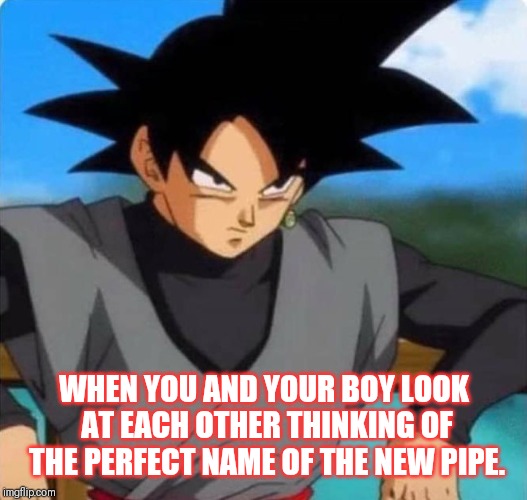 Naming a pipe | WHEN YOU AND YOUR BOY LOOK AT EACH OTHER THINKING OF THE PERFECT NAME OF THE NEW PIPE. | image tagged in dragon ball z,pipeline,weed | made w/ Imgflip meme maker
