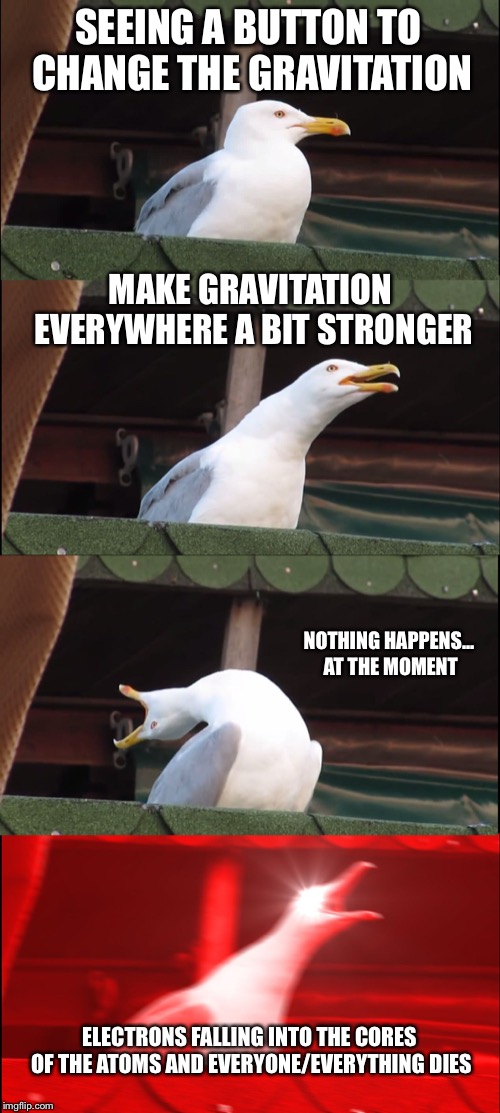 Inhaling Seagull Meme | SEEING A BUTTON TO CHANGE THE GRAVITATION; MAKE GRAVITATION EVERYWHERE A BIT STRONGER; NOTHING HAPPENS... AT THE MOMENT; ELECTRONS FALLING INTO THE CORES OF THE ATOMS AND EVERYONE/EVERYTHING DIES | image tagged in memes,inhaling seagull | made w/ Imgflip meme maker