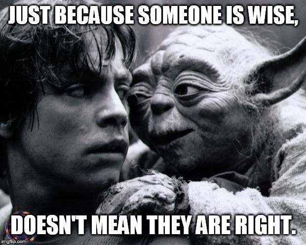 sage advice | JUST BECAUSE SOMEONE IS WISE, DOESN'T MEAN THEY ARE RIGHT. | image tagged in yoda  luke | made w/ Imgflip meme maker